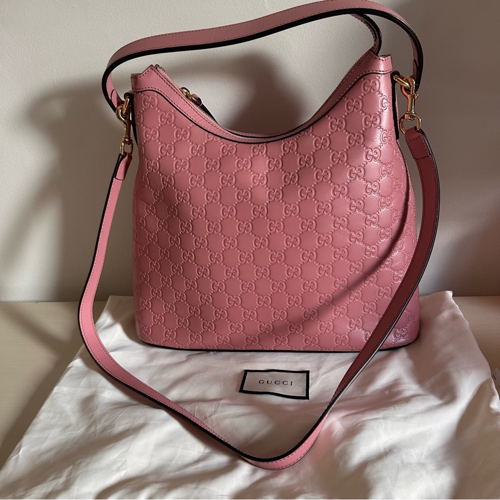 Gucci Guccissima Linea  Leather Hobo Shoulder Bag Pink Rose